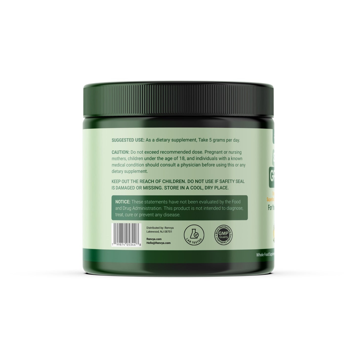 Green supplement jar with label on a white background