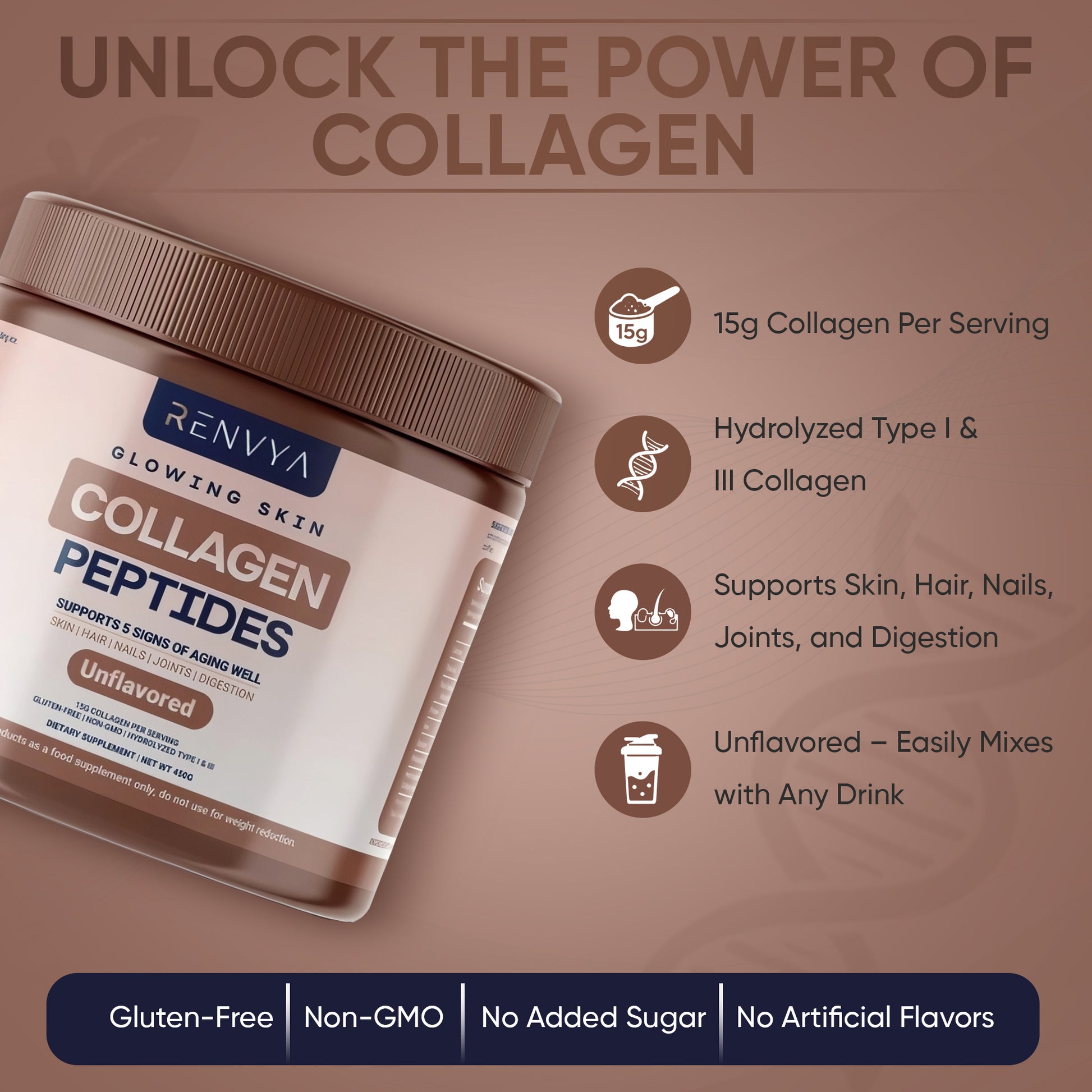 Container of Renvya Collagen Peptides with product details on a brown background
