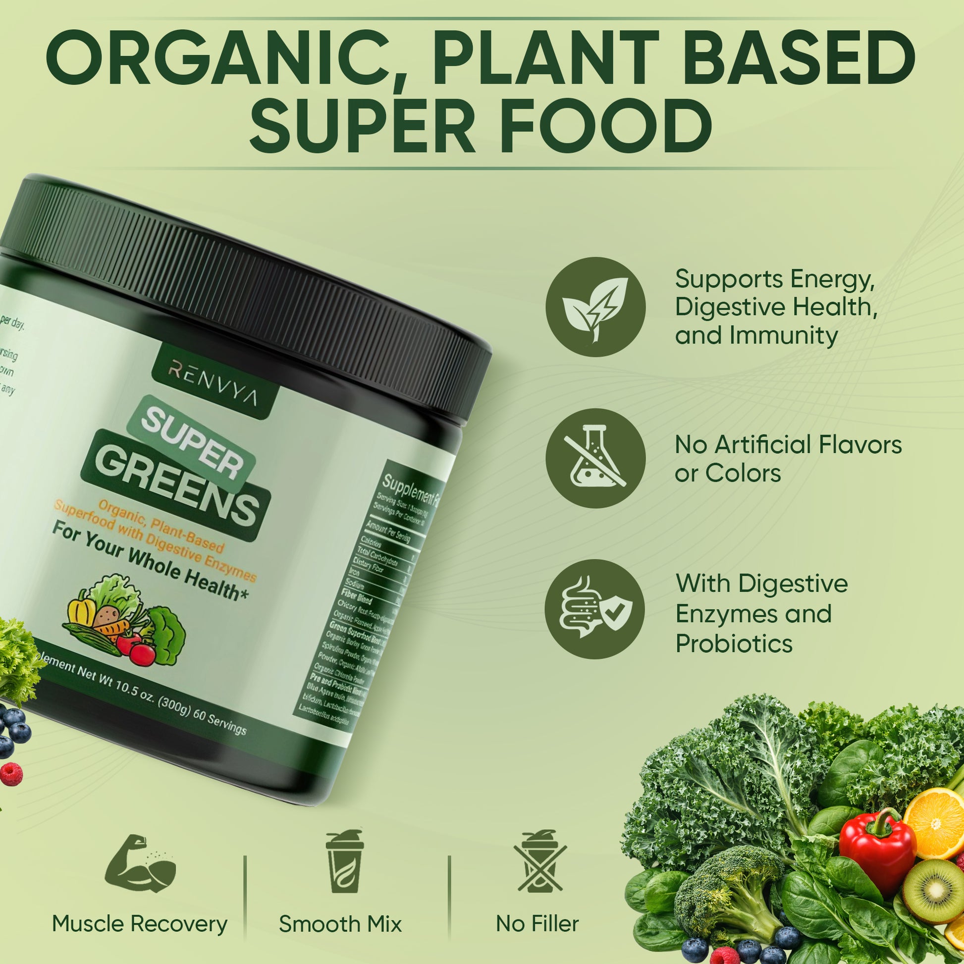 Super greens supplement jar with health benefits on a green background