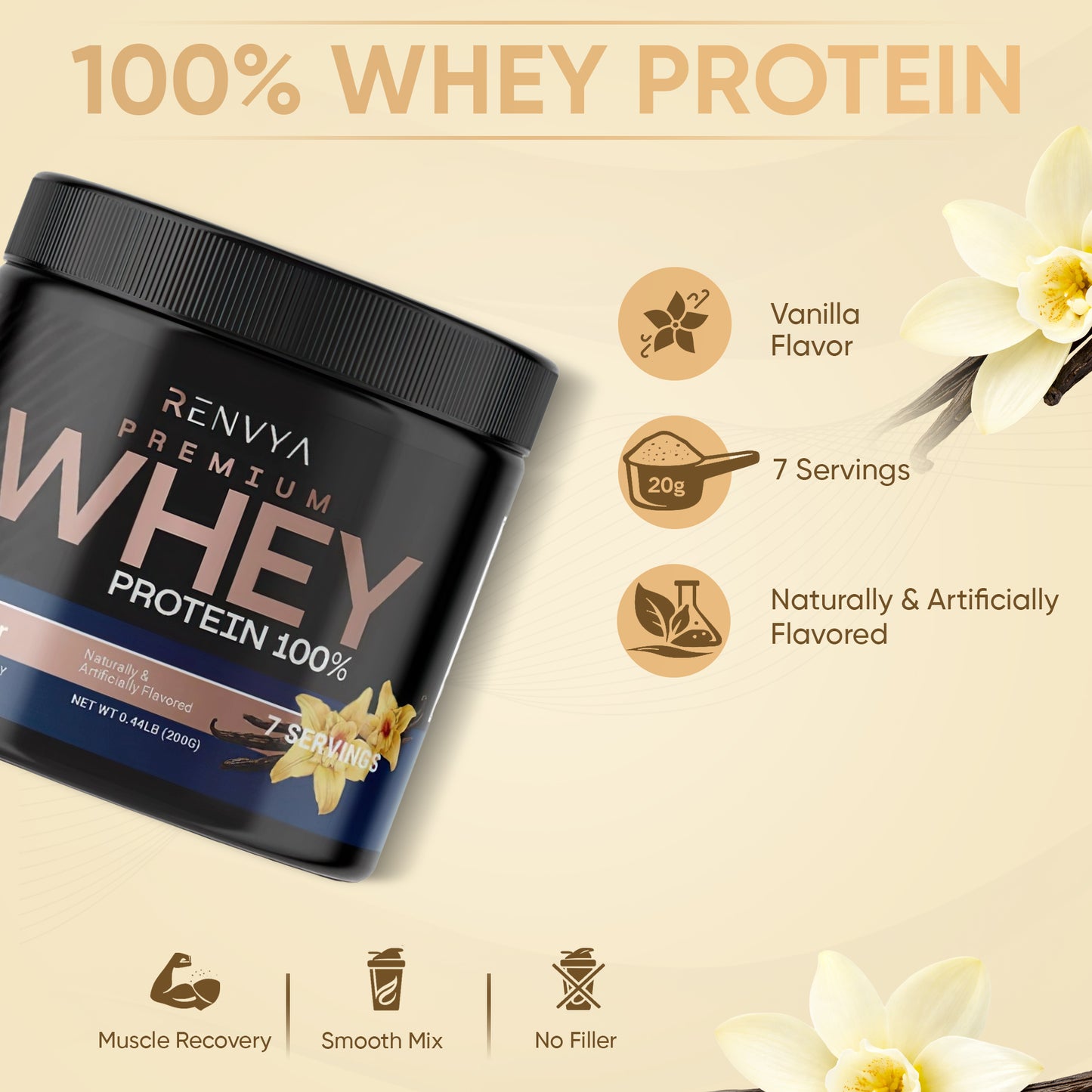 Renova Premium Whey Protein container with vanilla flavor details on a beige background