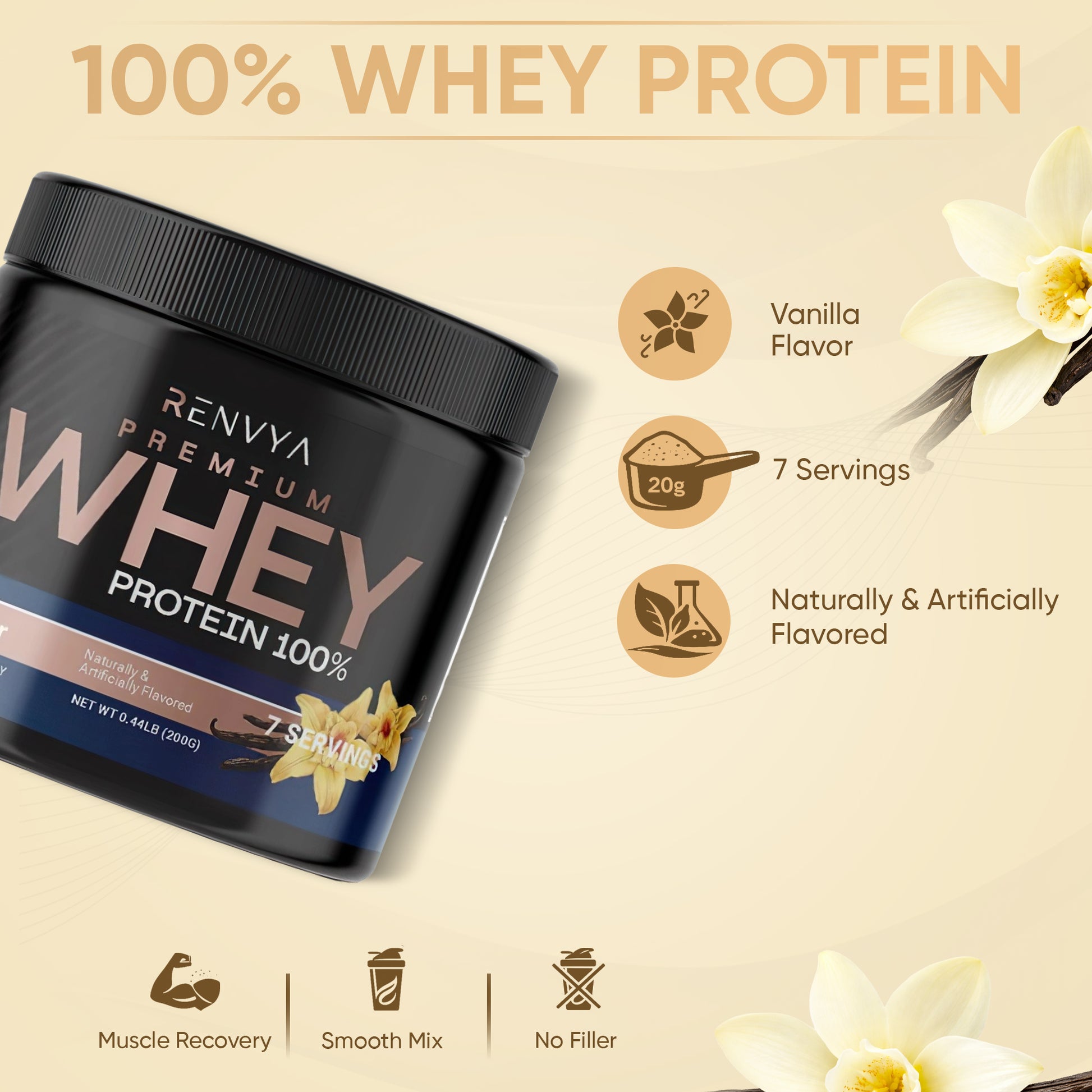 Renova Premium Whey Protein container with vanilla flavor details on a beige background