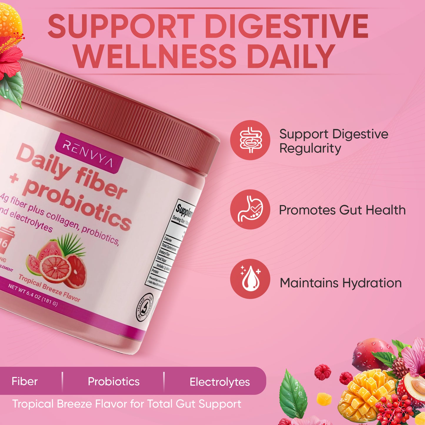 Renvya Daily Fiber + Probiotics Powder – Tropical Breeze Flavor