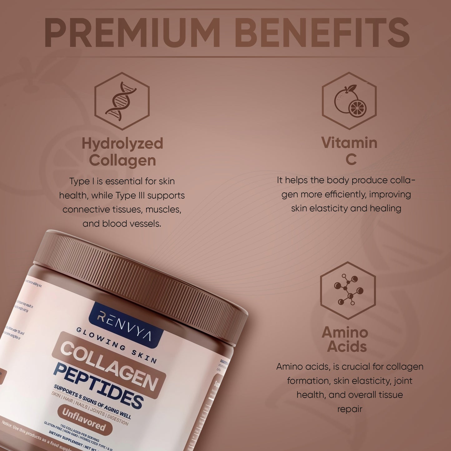 Product packaging of Renvya Collagen Peptides with text about premium benefits on a brown background