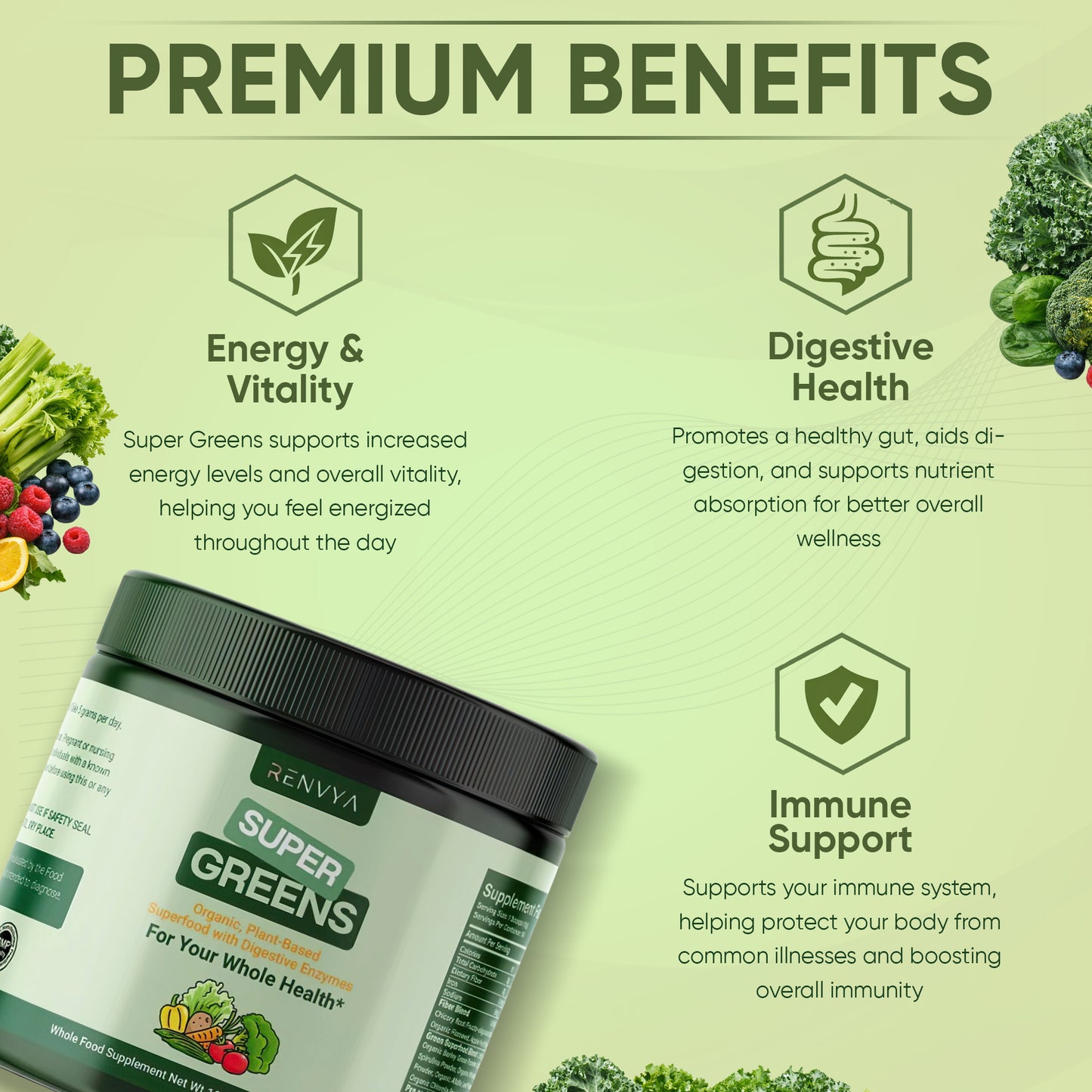 Super Greens supplement container with health benefits on a green background