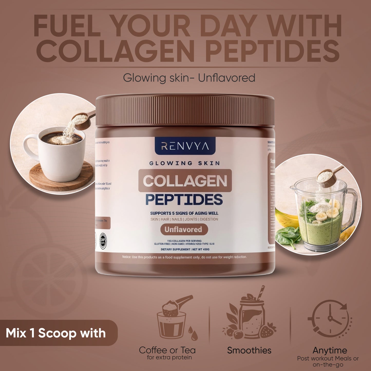 Collagen peptides container with lifestyle images and text on a brown background