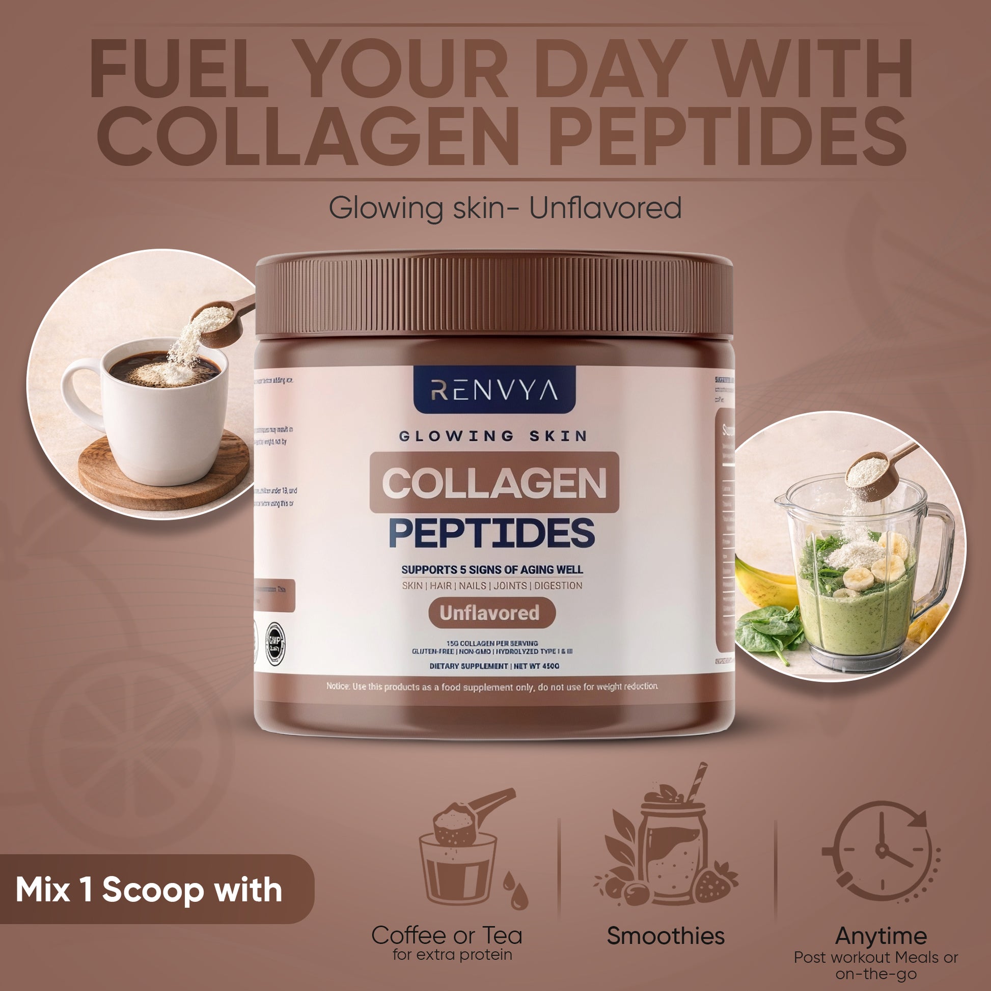 Collagen peptides container with lifestyle images and text on a brown background