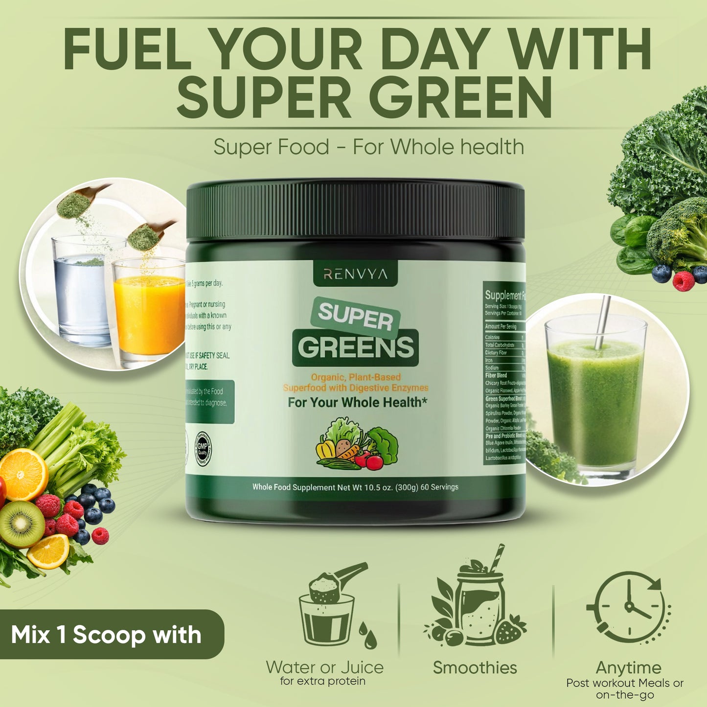 Super Greens supplement container with health benefits and usage instructions on a green background