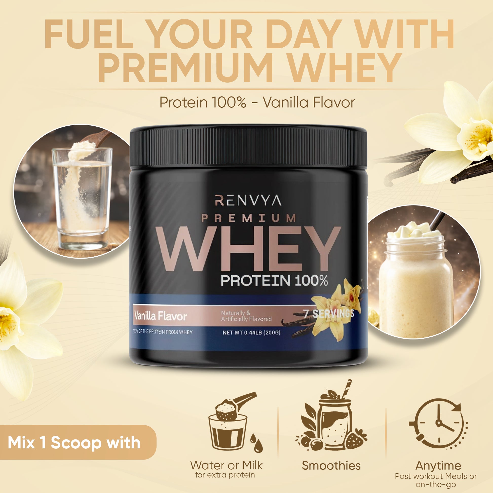 Renvya Premium Whey Protein 100% container with vanilla flavor on a beige background