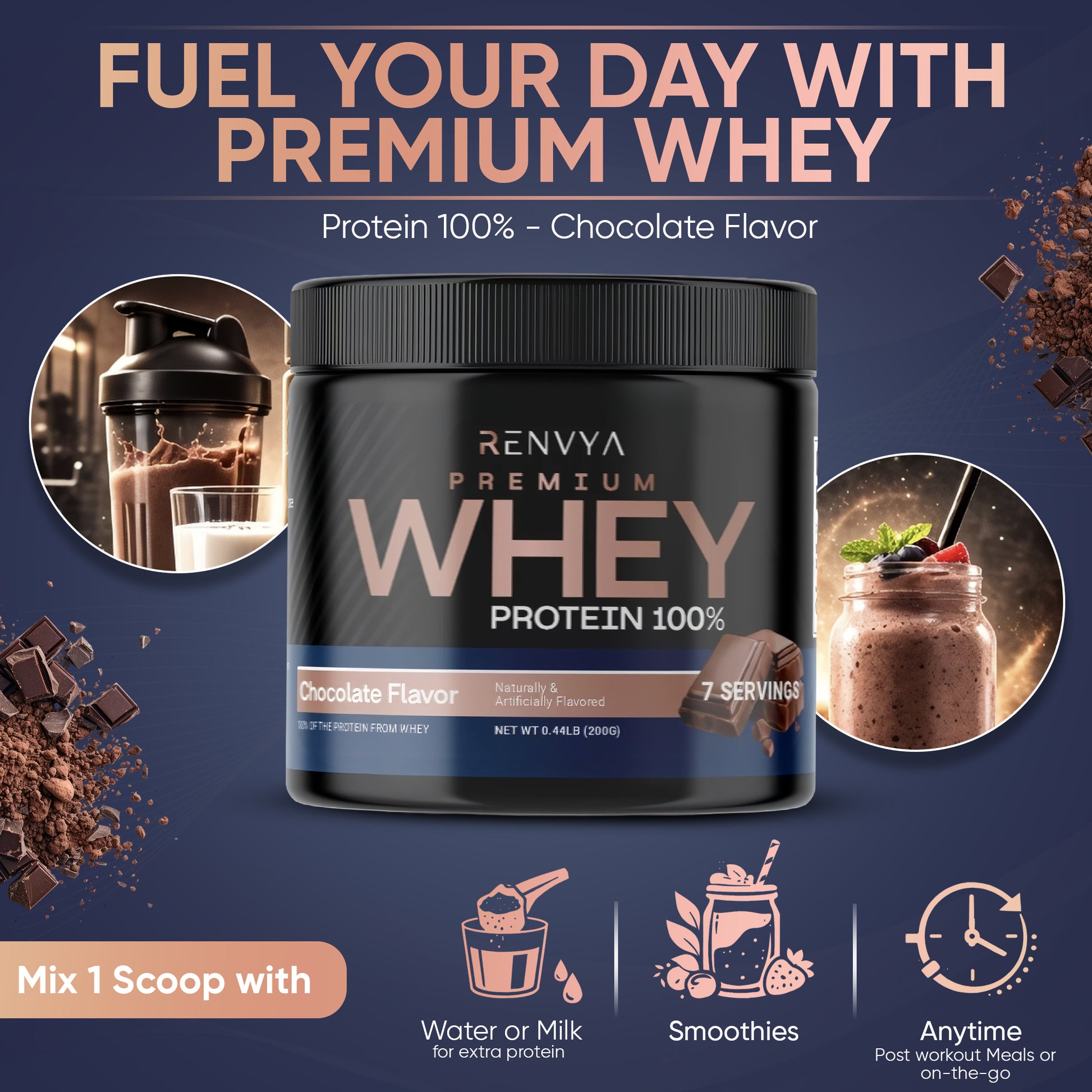 Renvya Premium Whey Protein container with promotional text and images on a blue background