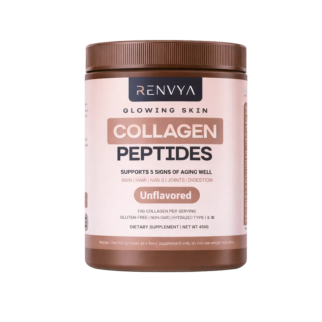 Jar of Renvya collagen peptides on a white background