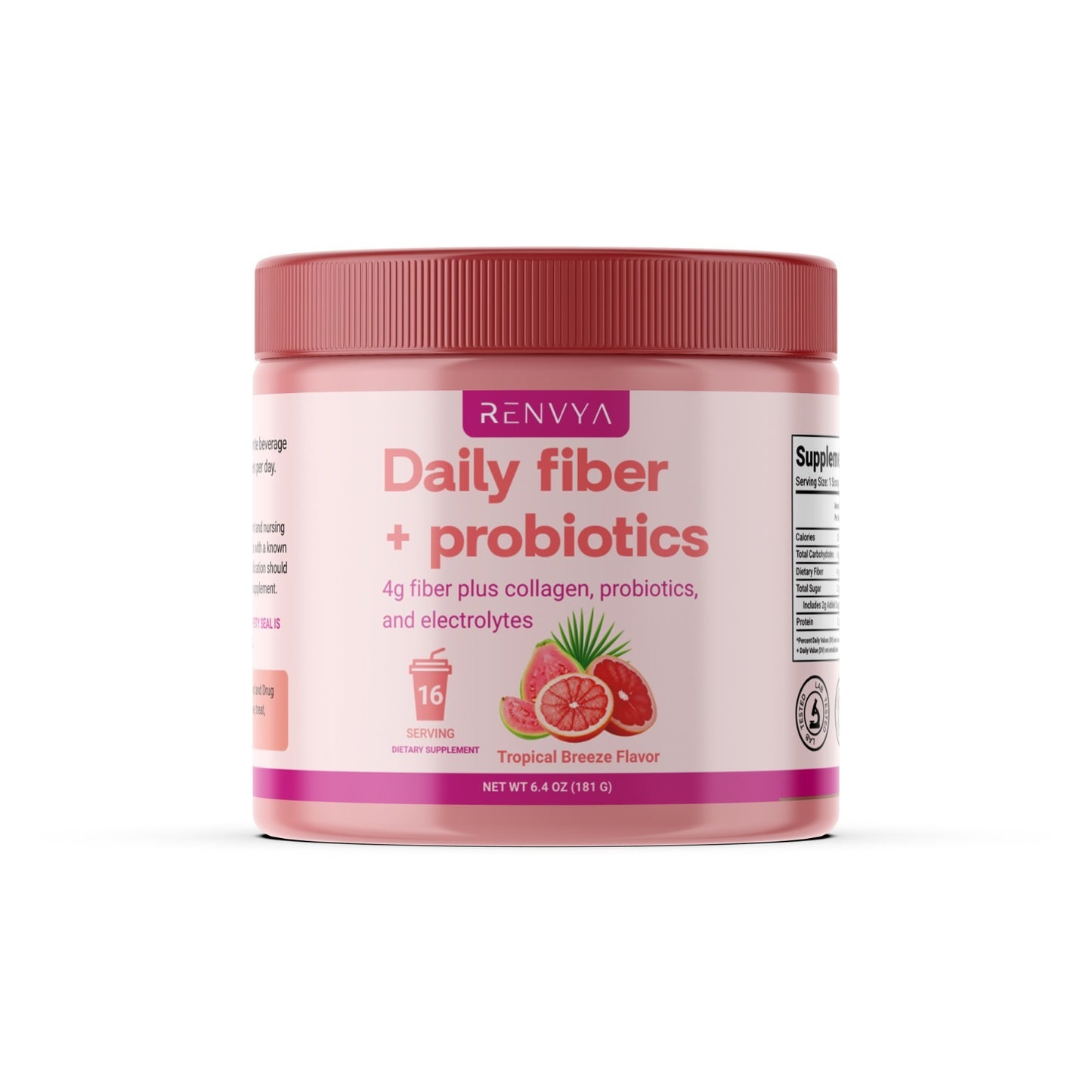Jar of Renvya Daily fiber + probiotics on a white background