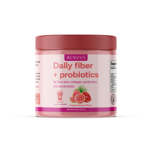 Jar of Renvya Daily fiber + probiotics on a white background