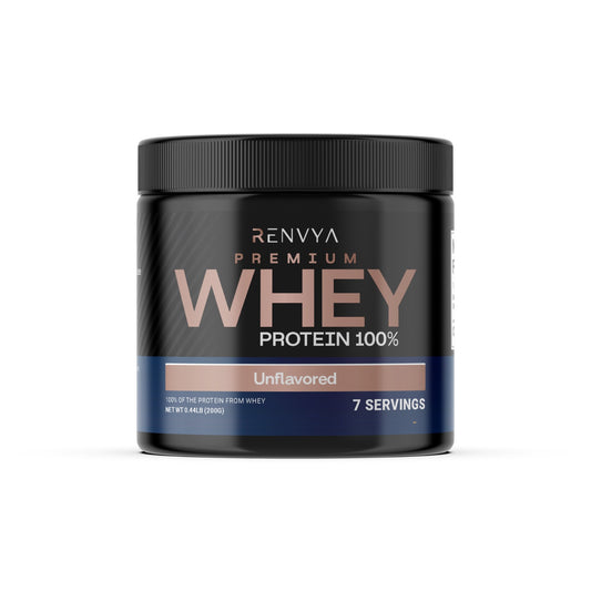 Black container of Renvya Premium Whey Protein on a white background